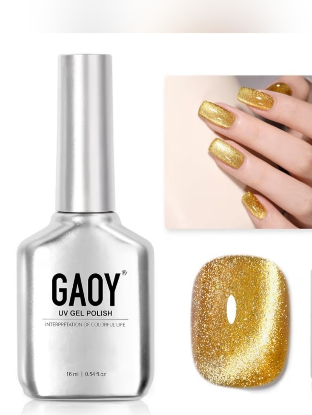 Gaoy LED UV Cure Gel Manicure Gold Glassy Cat Eye Gold Glitter Gel Polish #2156